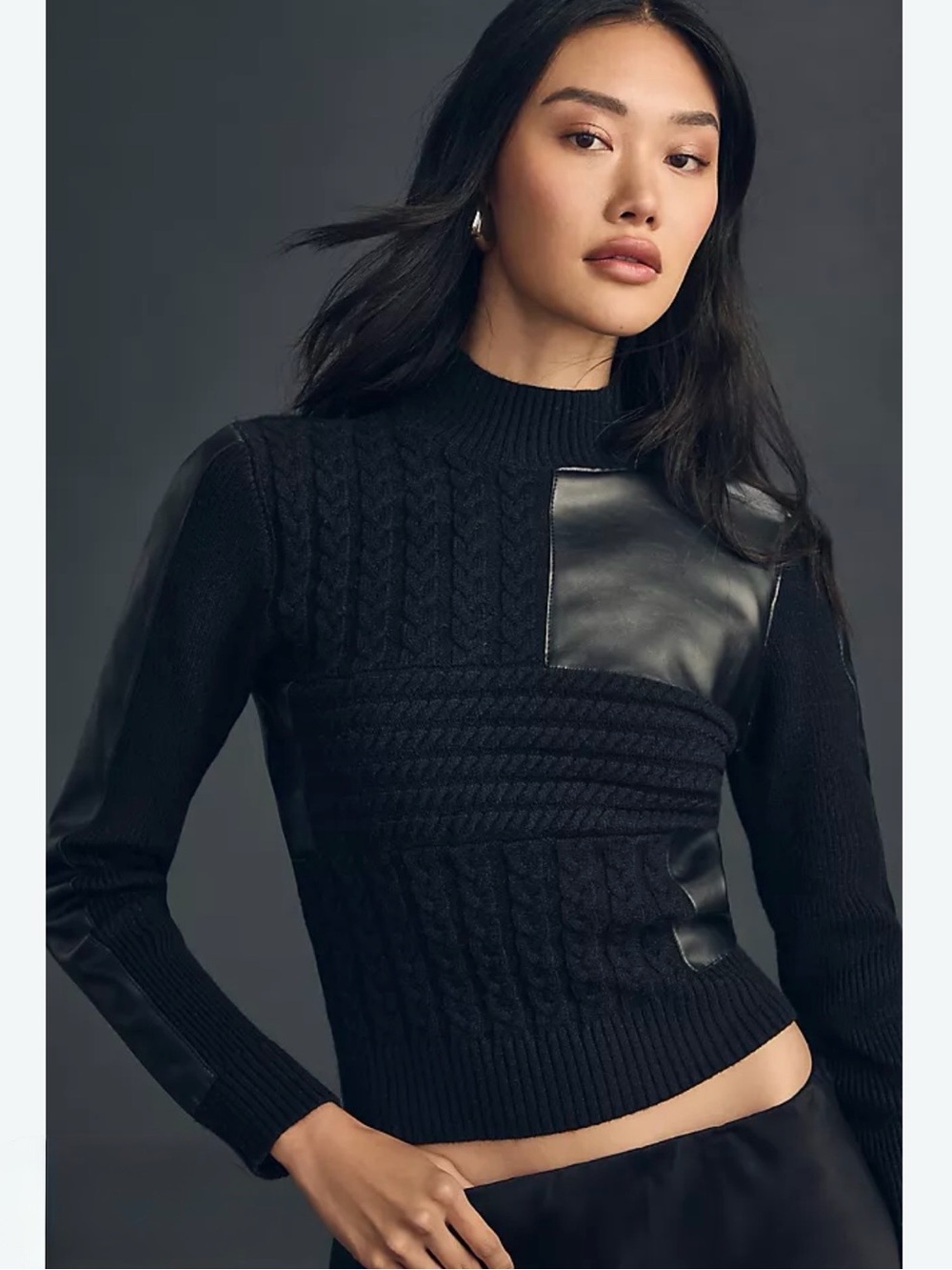 Anthropologie Patchwork Black Mixed-Media Cable Knit Sweater Size XS
